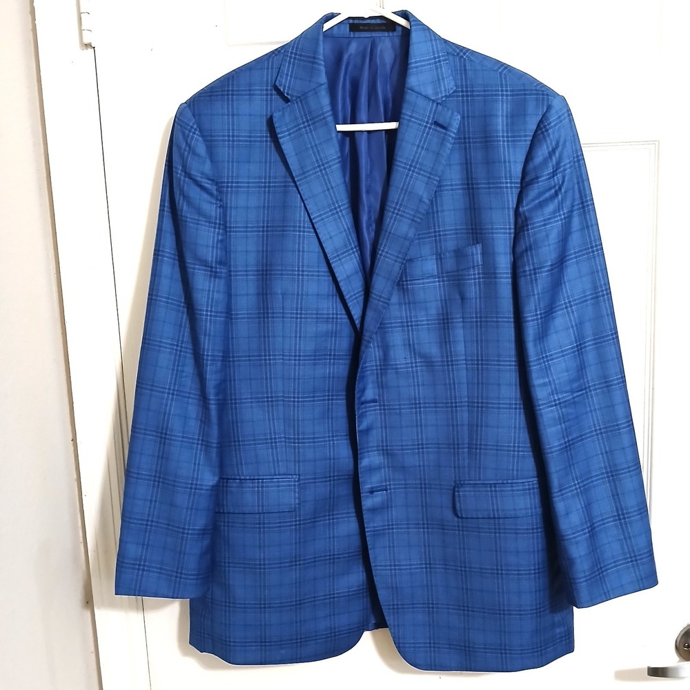 Vintage REDA MILANO Tailored Men's Blue Plaid Wool Suit 44L Formal Red Trim NWOT